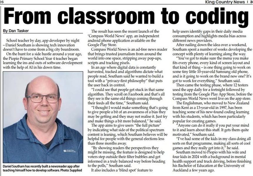 King Country News clipping, 'From classroom to coding', 20 August 2026