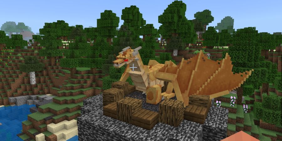 A custom-built dragon perched on a stone outcrop above a forest in the Adventure realm