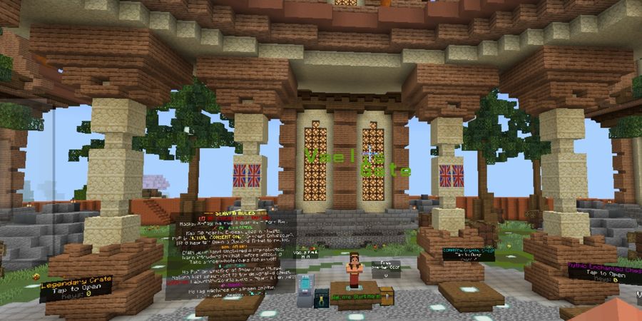 The Original realm's spawn hub — a sandstone and timber market square with player shops, loot crates and a bank