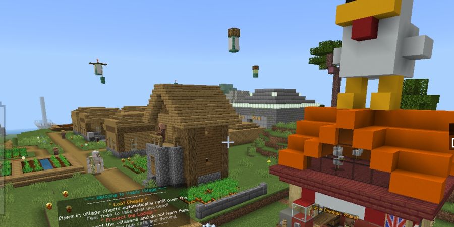 Vaelis Village on the Original realm — a villager trading hub with refilling loot chests and a chicken-themed food stand